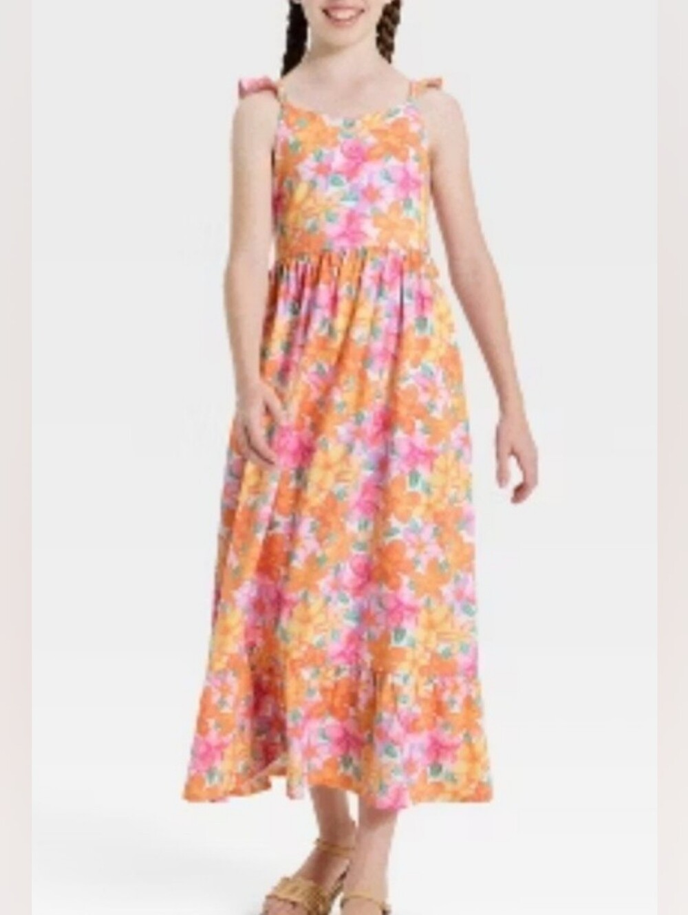 Cat & Jack Girls' Orange Tropical Floral Maxi Dress - Lightweight Size L
